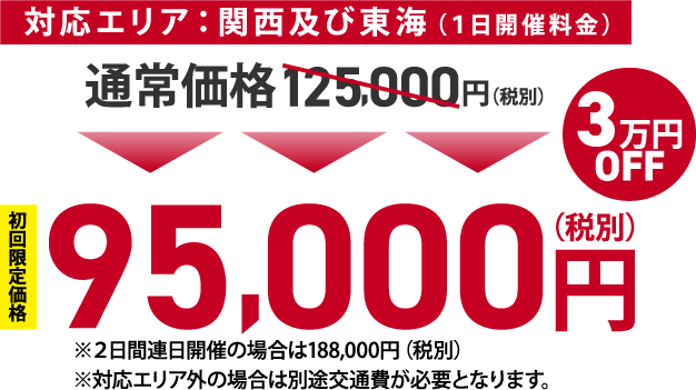 対応エリア：関西および東海（1日開催料金）初回限定価格95000円（税別）