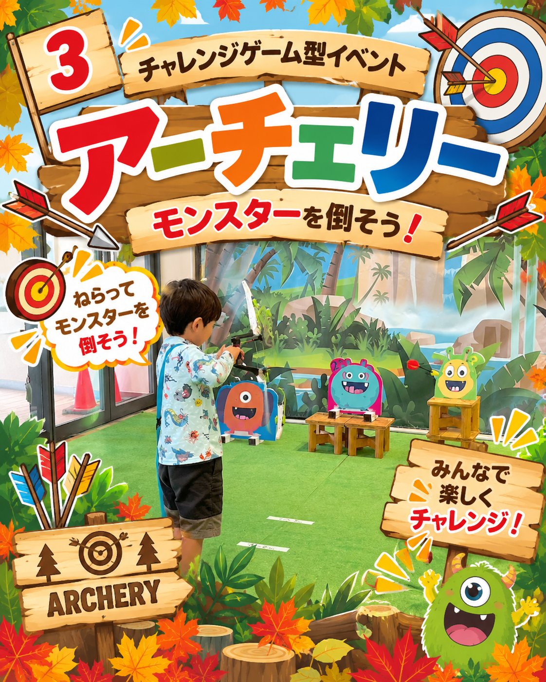 弓を構えてモンスターの的を狙うアーチェリーのイベント案内