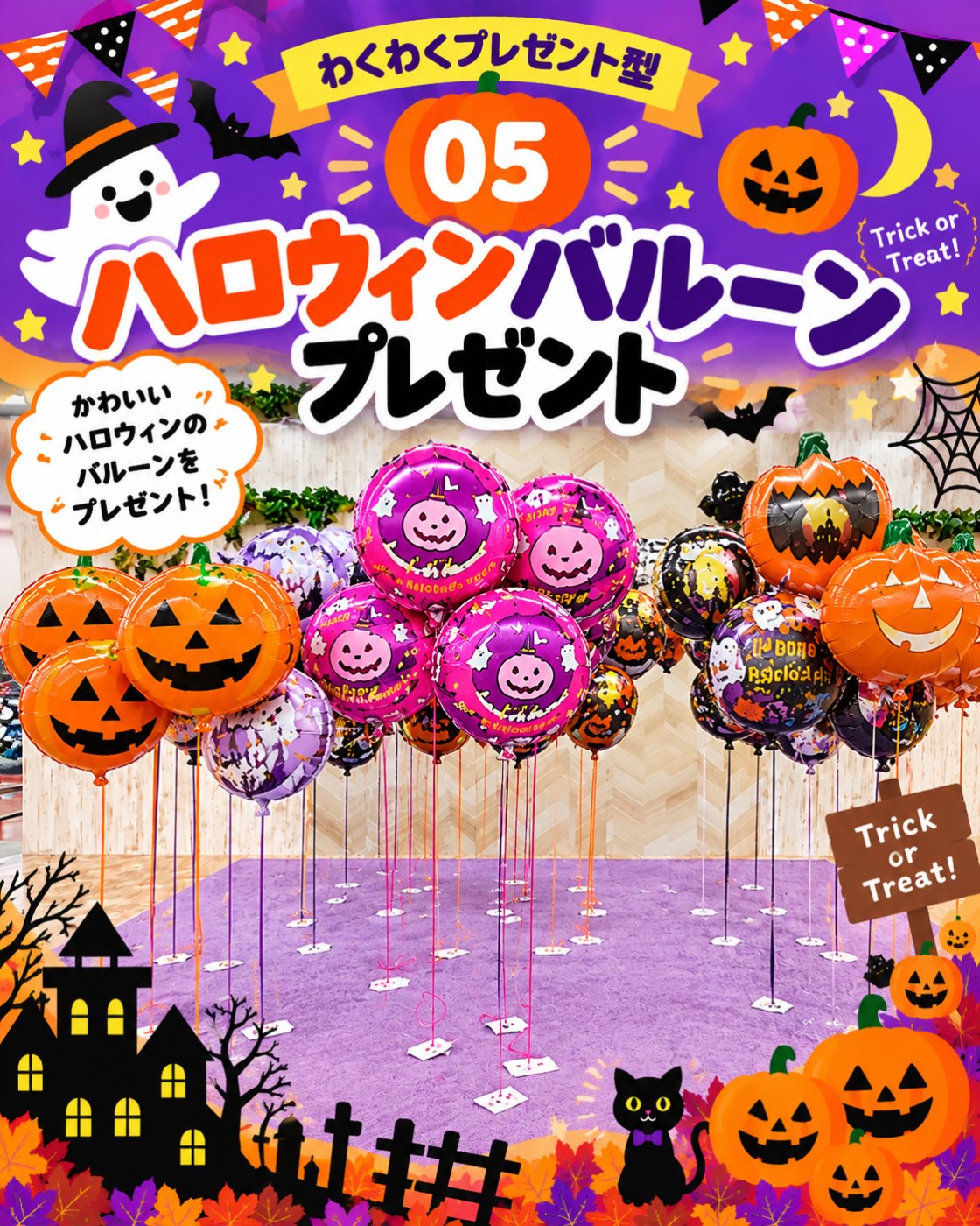 ハロウィン柄のバルーンを配布するイベントの案内