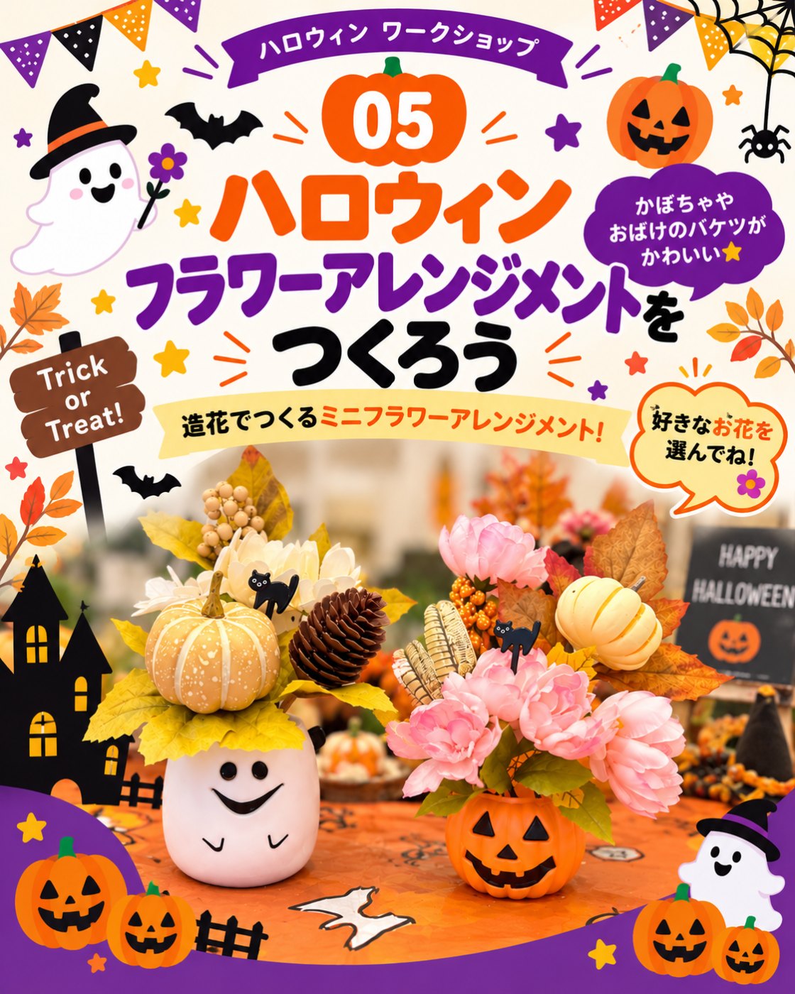 ハロウィンフラワーアレンジメントをつくろうのイベント案内